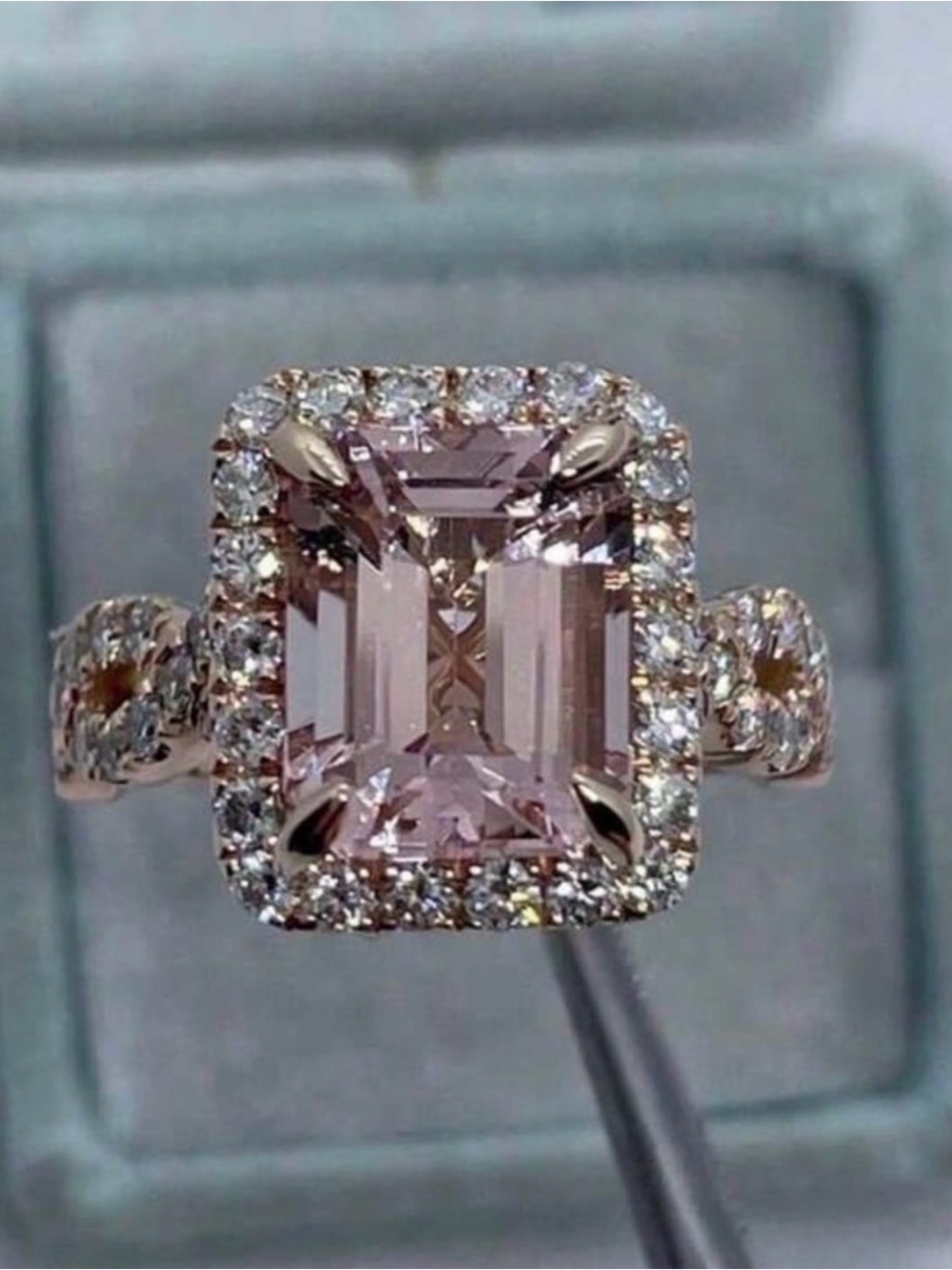 Rose Gold Halo Pink Emerald-Cut Engagement Ring 9